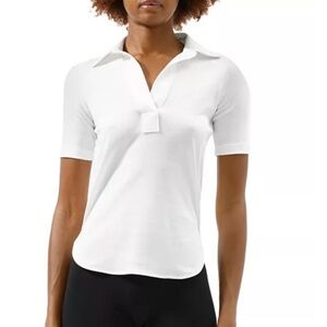 Helmut Lang Skinny Base Cotton Polo Shirt white s/s rib curved hem XS $195 NWOT